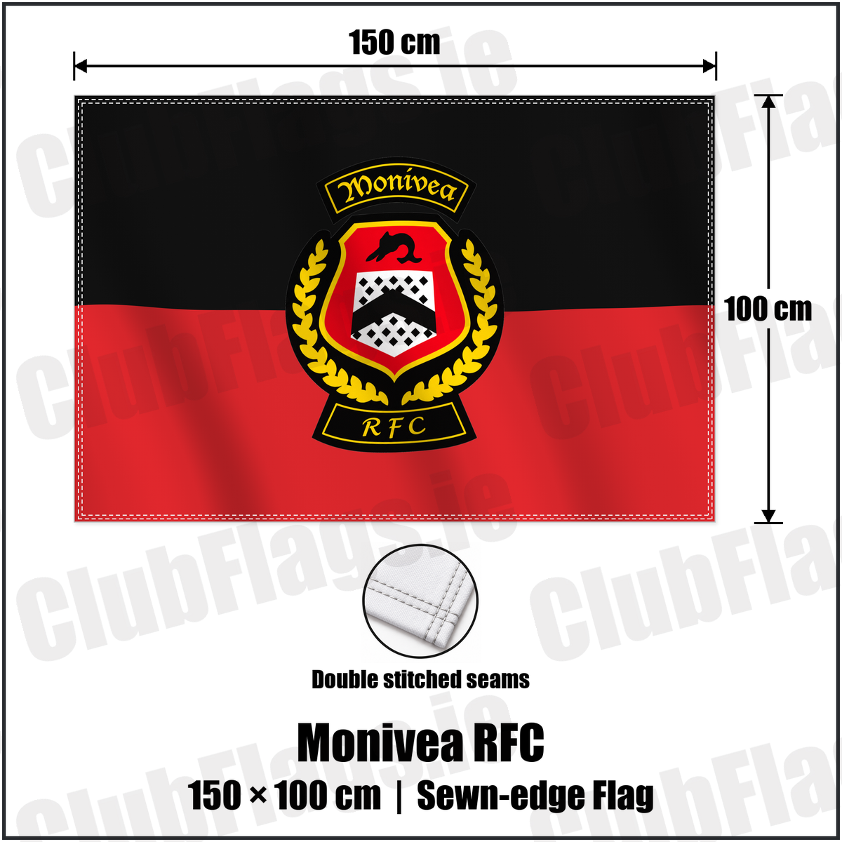 Monivea RFC 100cm x 150cm Flag (sewn on the edges) with the verified club crest and colours, Galway Rugby - ClubFlags.ie