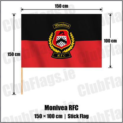 Monivea RFC 100cm x 150cm Stick Flag with the verified club crest and colours, Galway Rugby - ClubFlags.ie