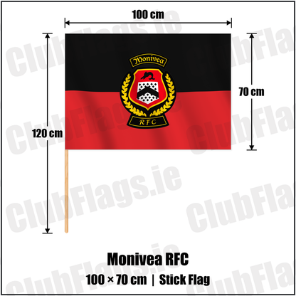 Monivea RFC 70cm x 100cm Stick Flag with the verified club crest and colours, Galway Rugby - ClubFlags.ie
