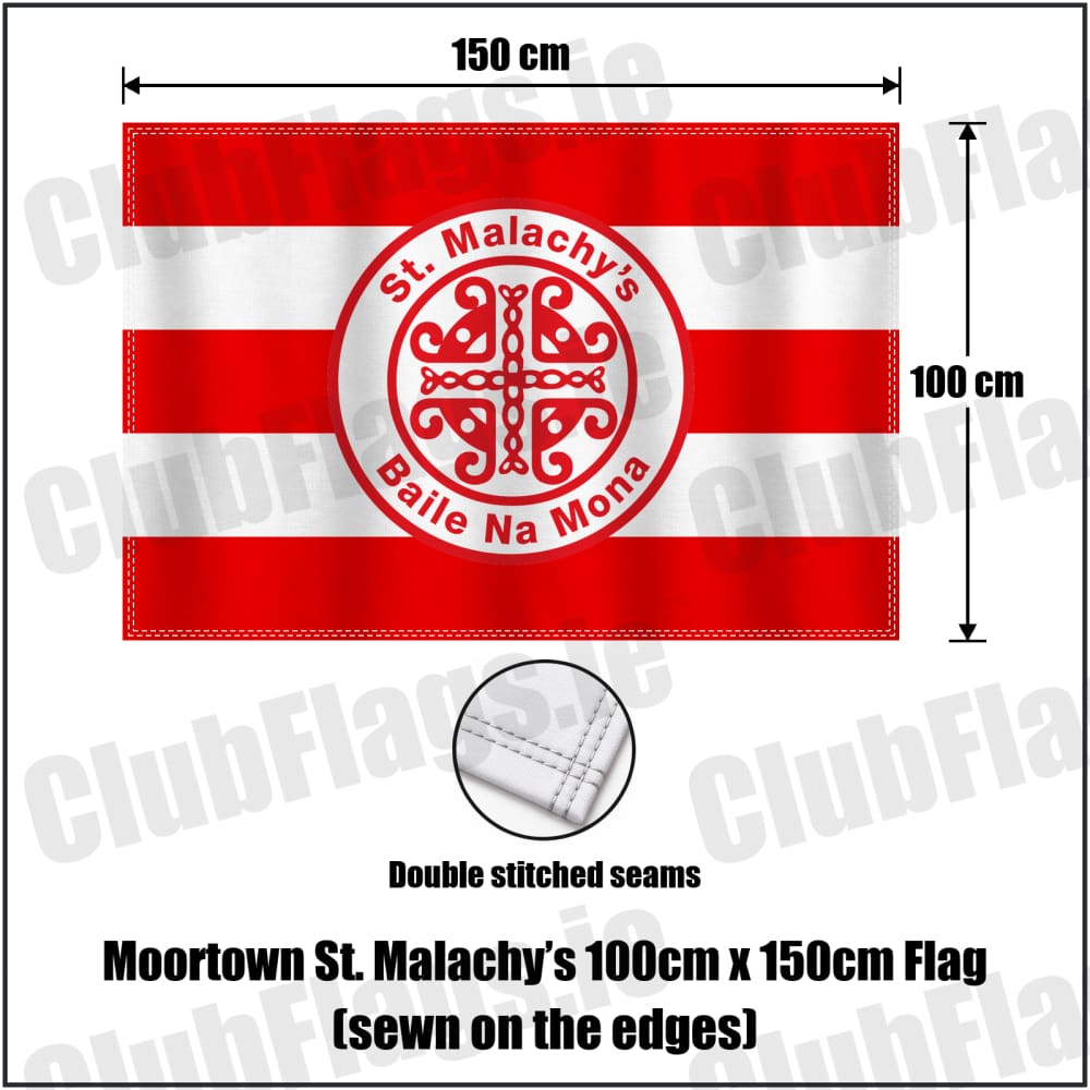 Moortown St. Malachy’s 100cm x 150cm Flag (sewn on the edges) in red and white, featuring the club crest on realistic fabric with gentle vertical folds; County Tyrone GAA. ClubFlags.ie.