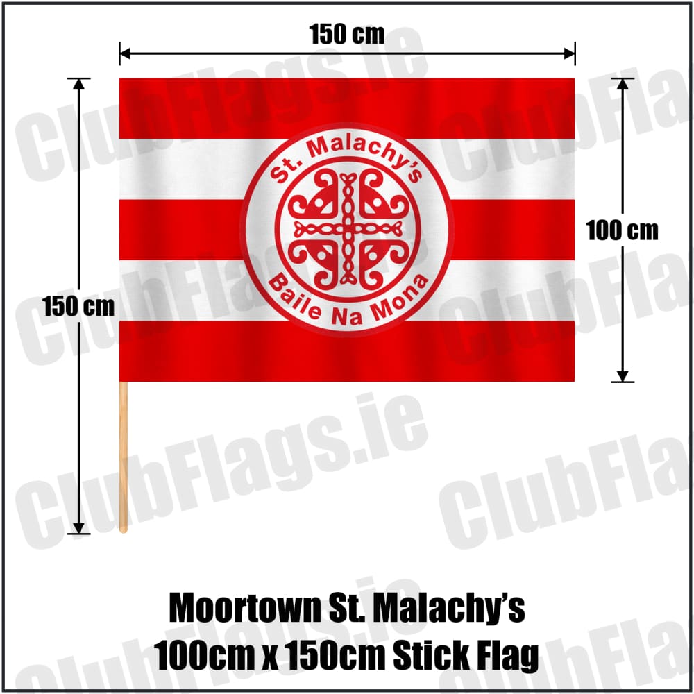 Moortown St. Malachy’s 100cm x 150cm Stick Flag in red and white, featuring the club crest on realistic fabric with gentle vertical folds; County Tyrone GAA. ClubFlags.ie.