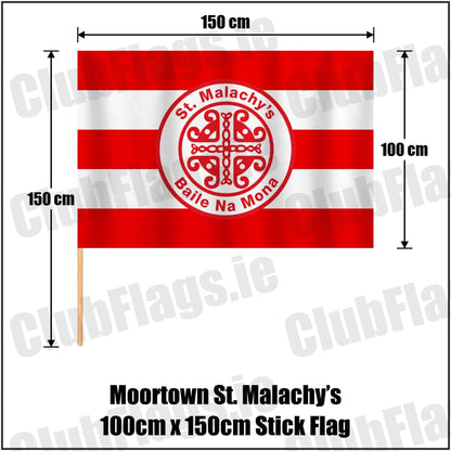 Moortown St. Malachy’s 100cm x 150cm Stick Flag in red and white, featuring the club crest on realistic fabric with gentle vertical folds; County Tyrone GAA. ClubFlags.ie.