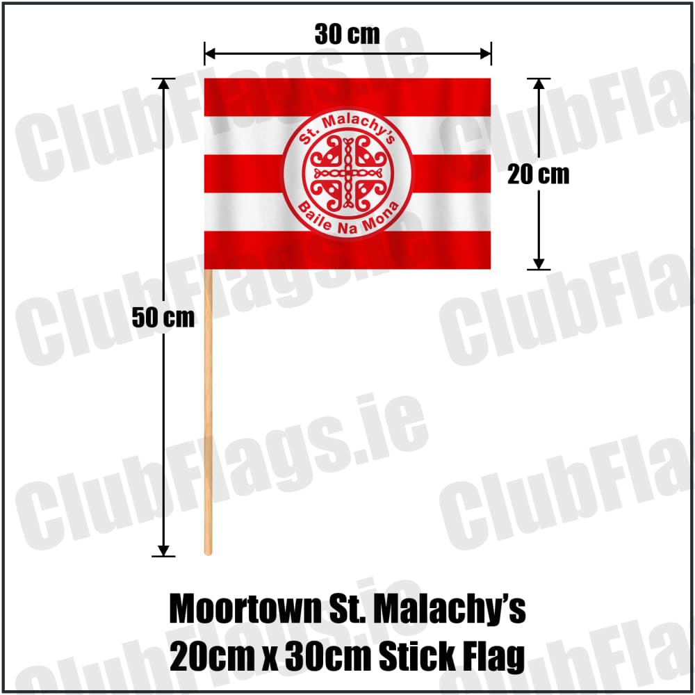 Moortown St. Malachy’s 20cm x 30cm Stick Flag in red and white, featuring the club crest on realistic fabric with gentle vertical folds; County Tyrone GAA. ClubFlags.ie.