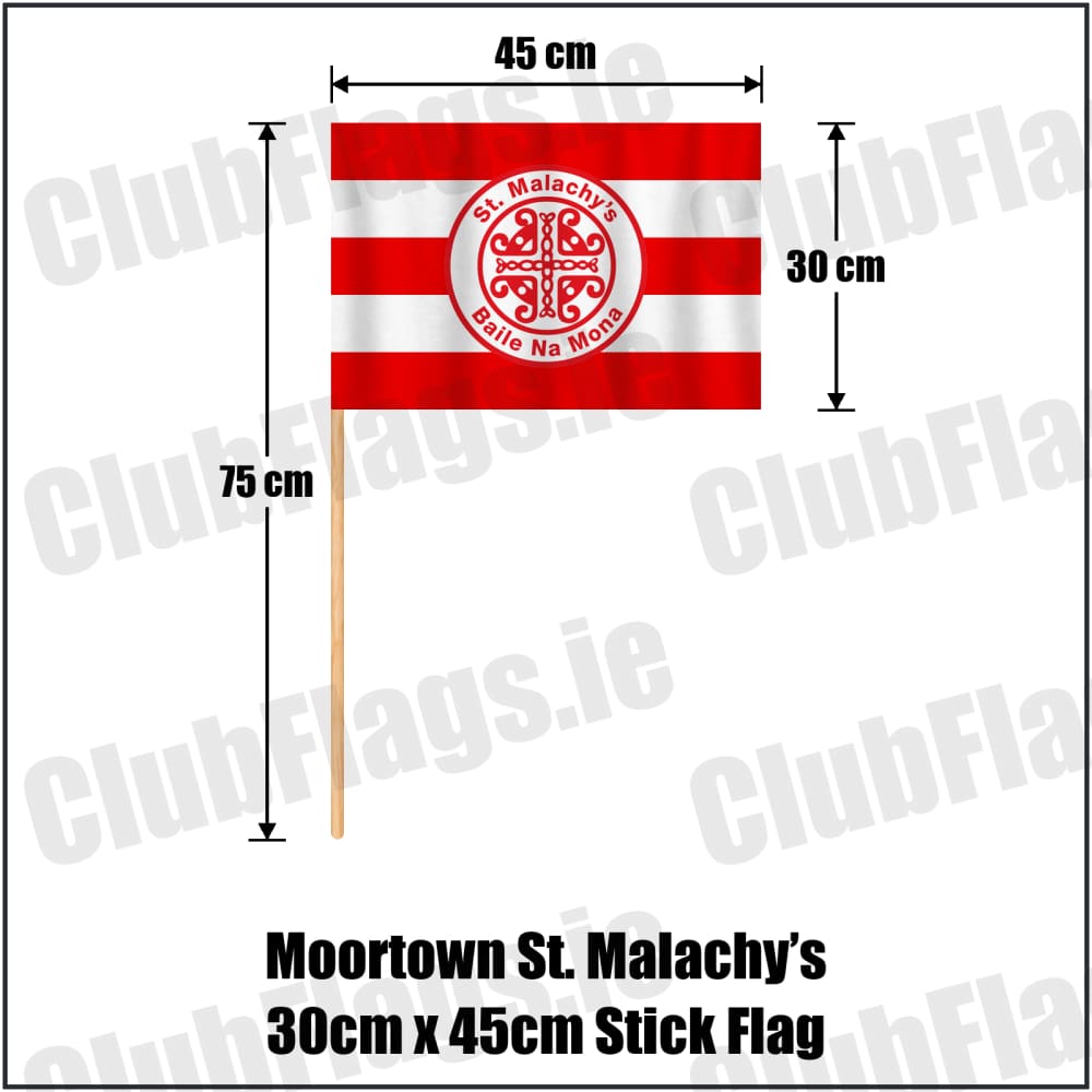Moortown St. Malachy’s 30cm x 45cm Stick Flag in red and white, featuring the club crest on realistic fabric with gentle vertical folds; County Tyrone GAA. ClubFlags.ie.