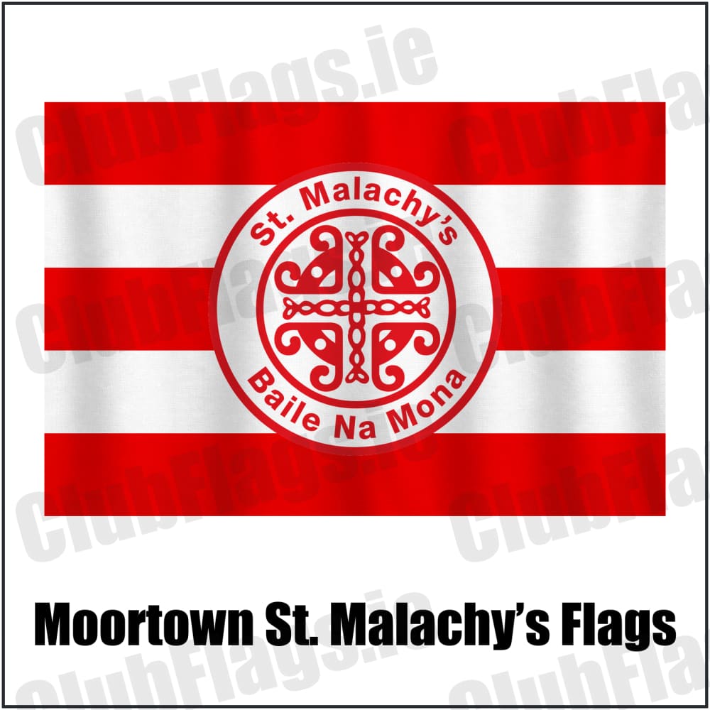 Moortown St. Malachy’s Flags in red and white, featuring the club crest on realistic fabric with gentle vertical folds; County Tyrone GAA. ClubFlags.ie.
