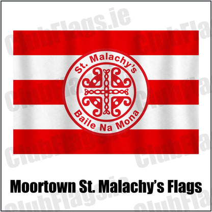 Moortown St. Malachy’s Flags in red and white, featuring the club crest on realistic fabric with gentle vertical folds; County Tyrone GAA. ClubFlags.ie.