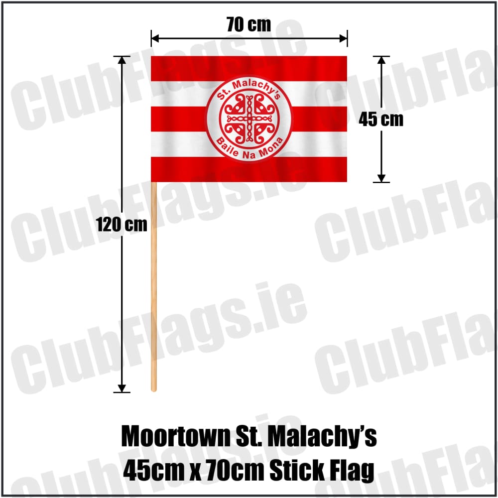 Moortown St. Malachy’s 45cm x 70cm Stick Flag in red and white, featuring the club crest on realistic fabric with gentle vertical folds; County Tyrone GAA. ClubFlags.ie.