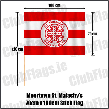 Moortown St. Malachy’s 70cm x 100cm Stick Flag in red and white, featuring the club crest on realistic fabric with gentle vertical folds; County Tyrone GAA. ClubFlags.ie.