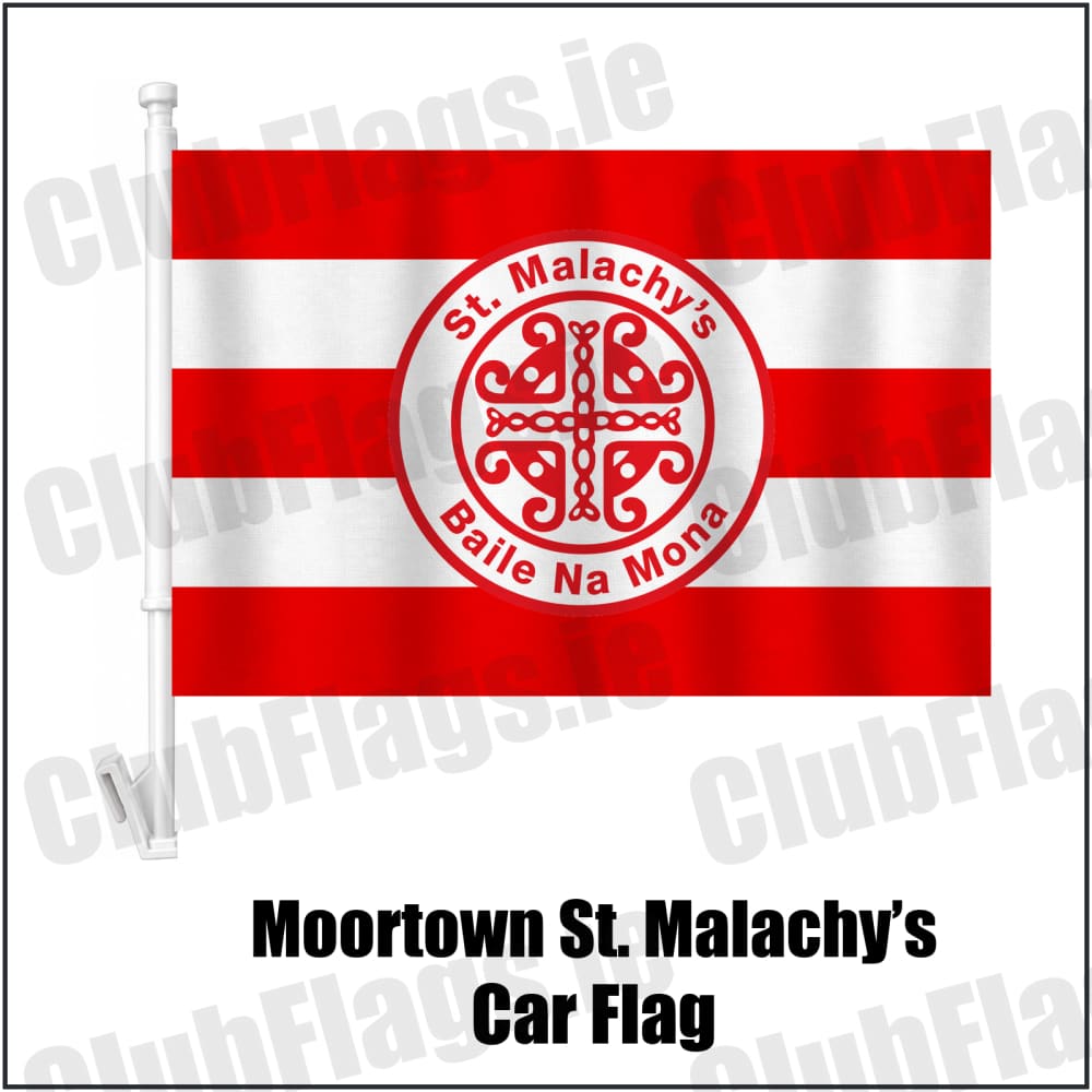Moortown St. Malachy’s Car Flag in red and white, featuring the club crest on realistic fabric with gentle vertical folds; County Tyrone GAA. ClubFlags.ie.