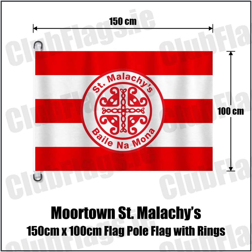 Moortown St. Malachy’s 150cm x 100cm Flag Pole Flag with Rings in red and white, featuring the club crest on realistic fabric with gentle vertical folds; County Tyrone GAA. ClubFlags.ie.