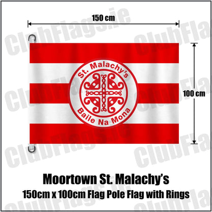 Moortown St. Malachy’s 150cm x 100cm Flag Pole Flag with Rings in red and white, featuring the club crest on realistic fabric with gentle vertical folds; County Tyrone GAA. ClubFlags.ie.
