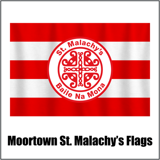 Moortown St. Malachy’s Flags, featuring the club crest and red and white colours; County Tyrone GAA. ClubFlags.ie.