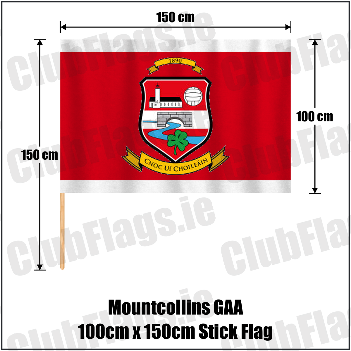 Mountcollins GAA 100cm x 150cm Stick Flag, featuring the club crest and red and white colours; County Limerick GAA. ClubFlags.ie.