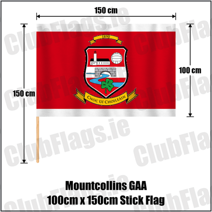 Mountcollins GAA 100cm x 150cm Stick Flag, featuring the club crest and red and white colours; County Limerick GAA. ClubFlags.ie.