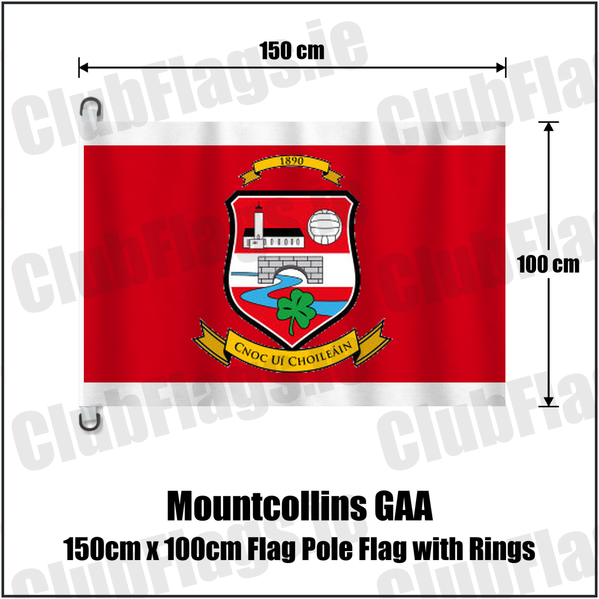 Mountcollins GAA 150cm x 100cm Flag Pole Flag with Rings, featuring the club crest and red and white colours; County Limerick GAA. ClubFlags.ie.
