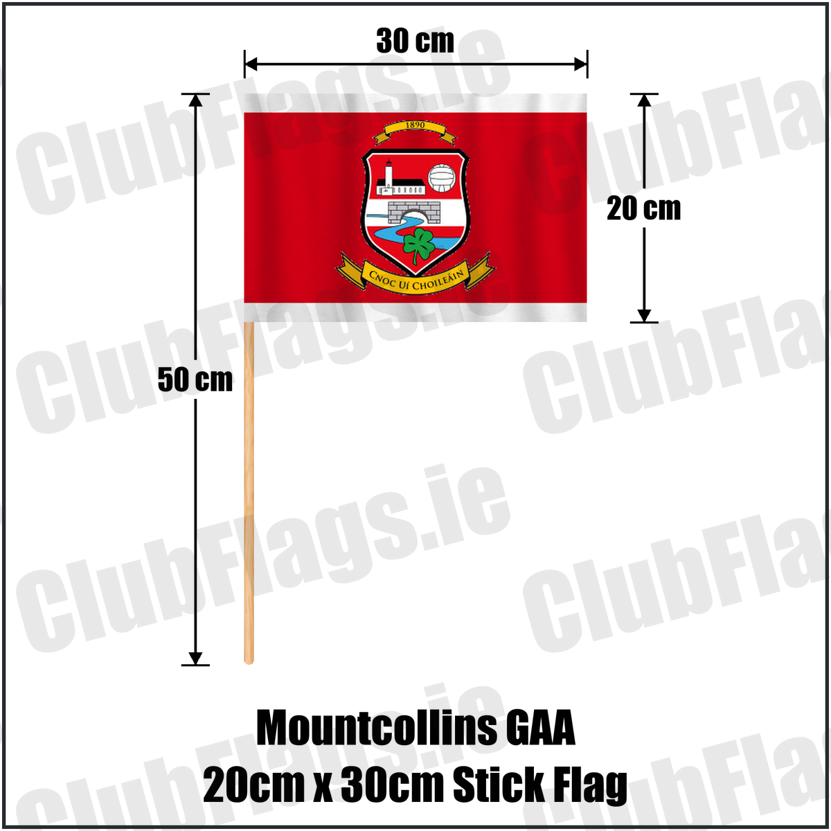Mountcollins GAA 20cm x 30cm Stick Flag, featuring the club crest and red and white colours; County Limerick GAA. ClubFlags.ie.