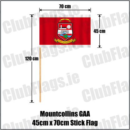 Mountcollins GAA 45cm x 70cm Stick Flag, featuring the club crest and red and white colours; County Limerick GAA. ClubFlags.ie.