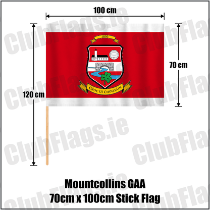 Mountcollins GAA 70cm x 100cm Stick Flag, featuring the club crest and red and white colours; County Limerick GAA. ClubFlags.ie.