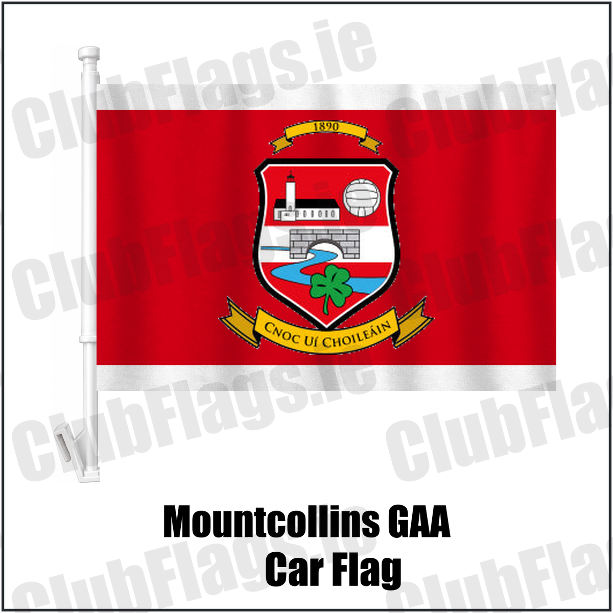Mountcollins GAA Car Flag, featuring the club crest and red and white colours; County Limerick GAA. ClubFlags.ie.