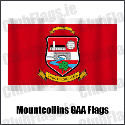 Mountcollins GAA Flags, featuring the club crest and red and white colours; County Limerick GAA. ClubFlags.ie.