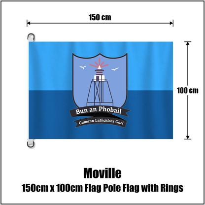 Moville 150cm x 100cm Flag Pole Flag with Rings, featuring the club crest and light blue and dark blue colours; County Donegal GAA. ClubFlags.ie.