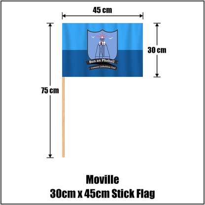 Moville 30cm x 45cm Stick Flag, featuring the club crest and light blue and dark blue colours; County Donegal GAA. ClubFlags.ie.