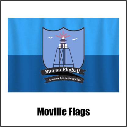 Moville Flags, featuring the club crest and light blue and dark blue colours; County Donegal GAA. ClubFlags.ie.