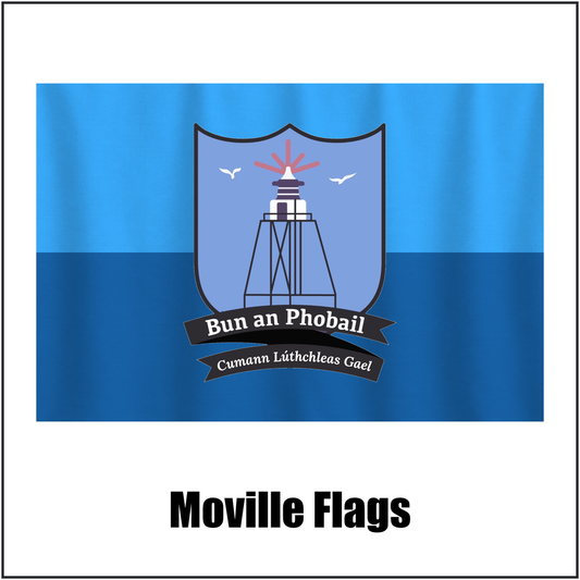 Moville Flags, featuring the club crest and light blue and dark blue colours; County Donegal GAA. ClubFlags.ie.