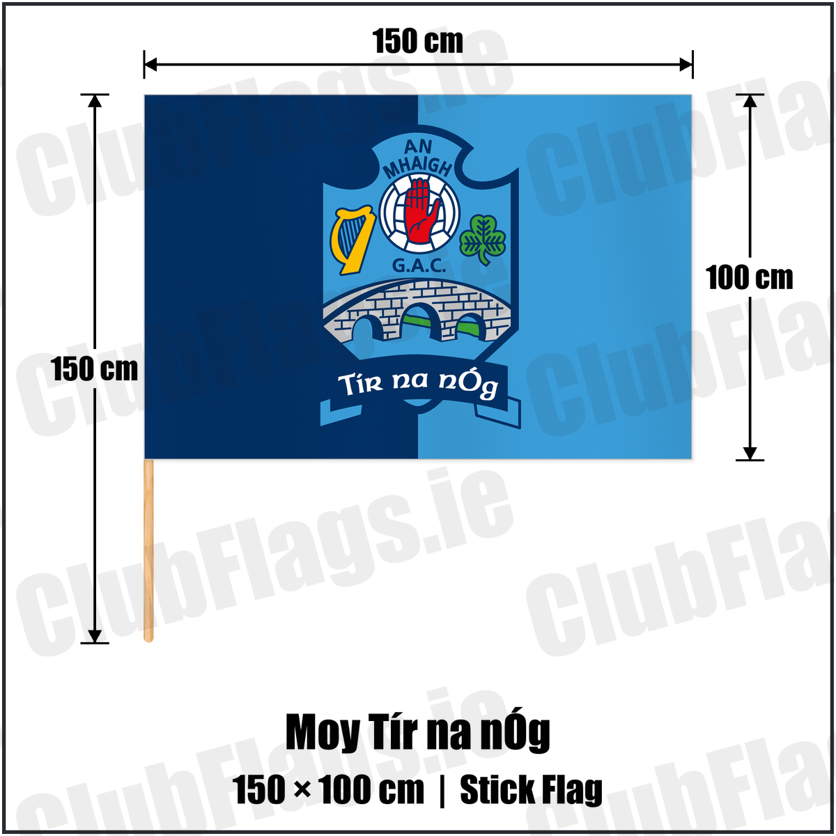 Moy Tír na nÓg 100cm x 150cm Stick Flag with the club crest and colours, Tyrone GAA - ClubFlags.ie