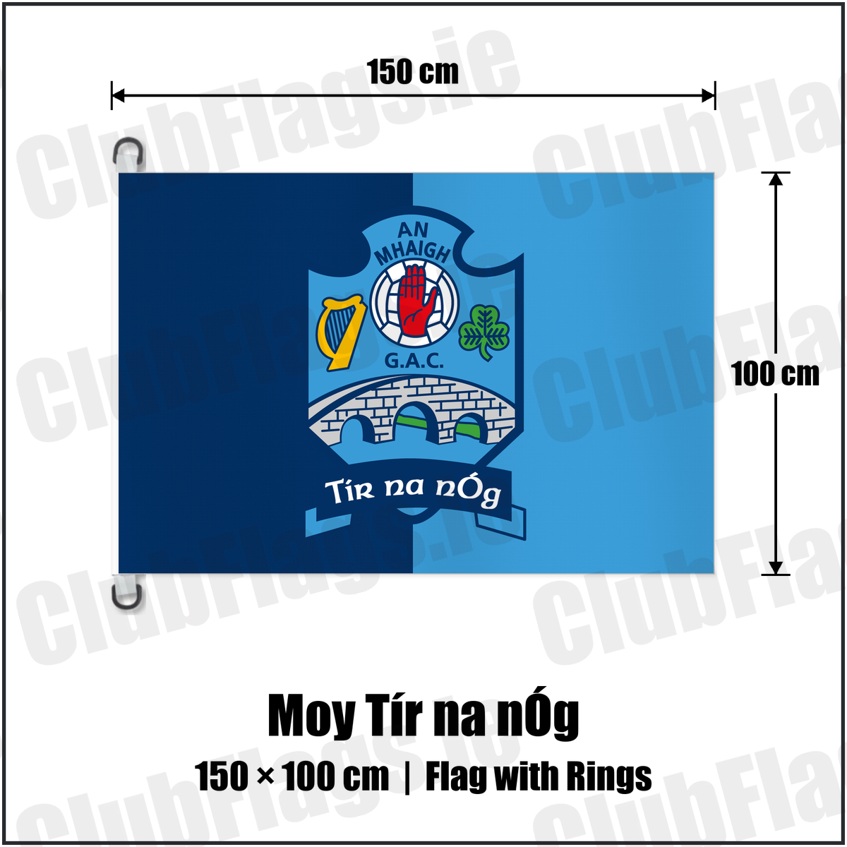 Moy Tír na nÓg 150cm x 100cm Flag Pole Flag with Rings with the club crest and colours, Tyrone GAA - ClubFlags.ie