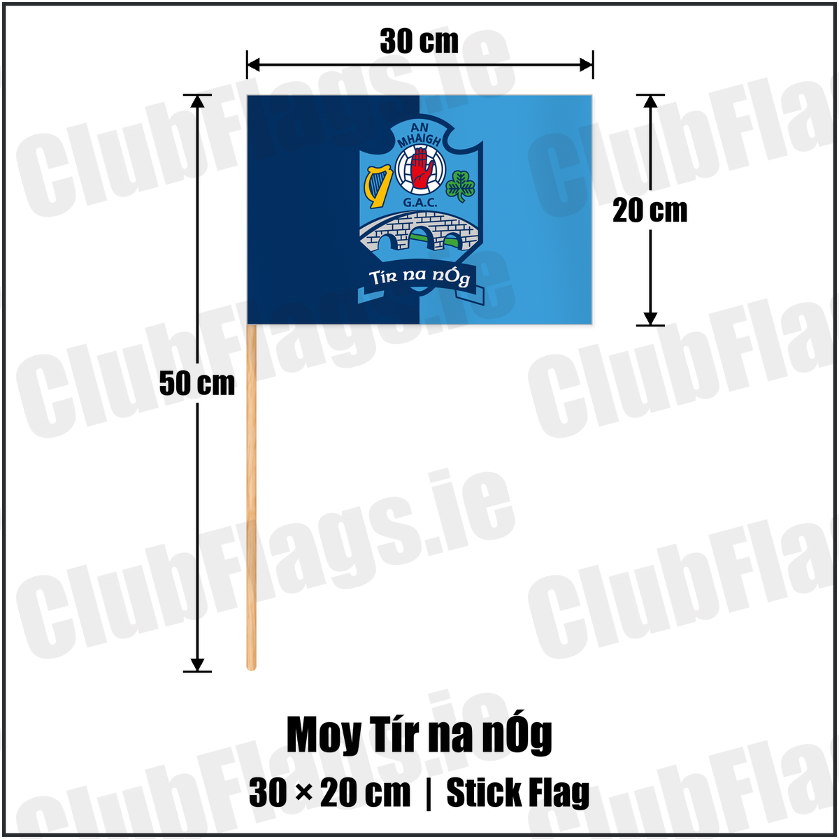 Moy Tír na nÓg 20cm x 30cm Stick Flag with the club crest and colours, Tyrone GAA - ClubFlags.ie