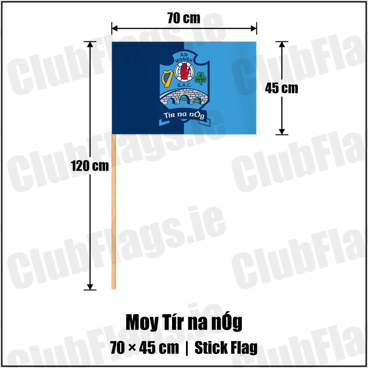 Moy Tír na nÓg 45cm x 70cm Stick Flag with the club crest and colours, Tyrone GAA - ClubFlags.ie