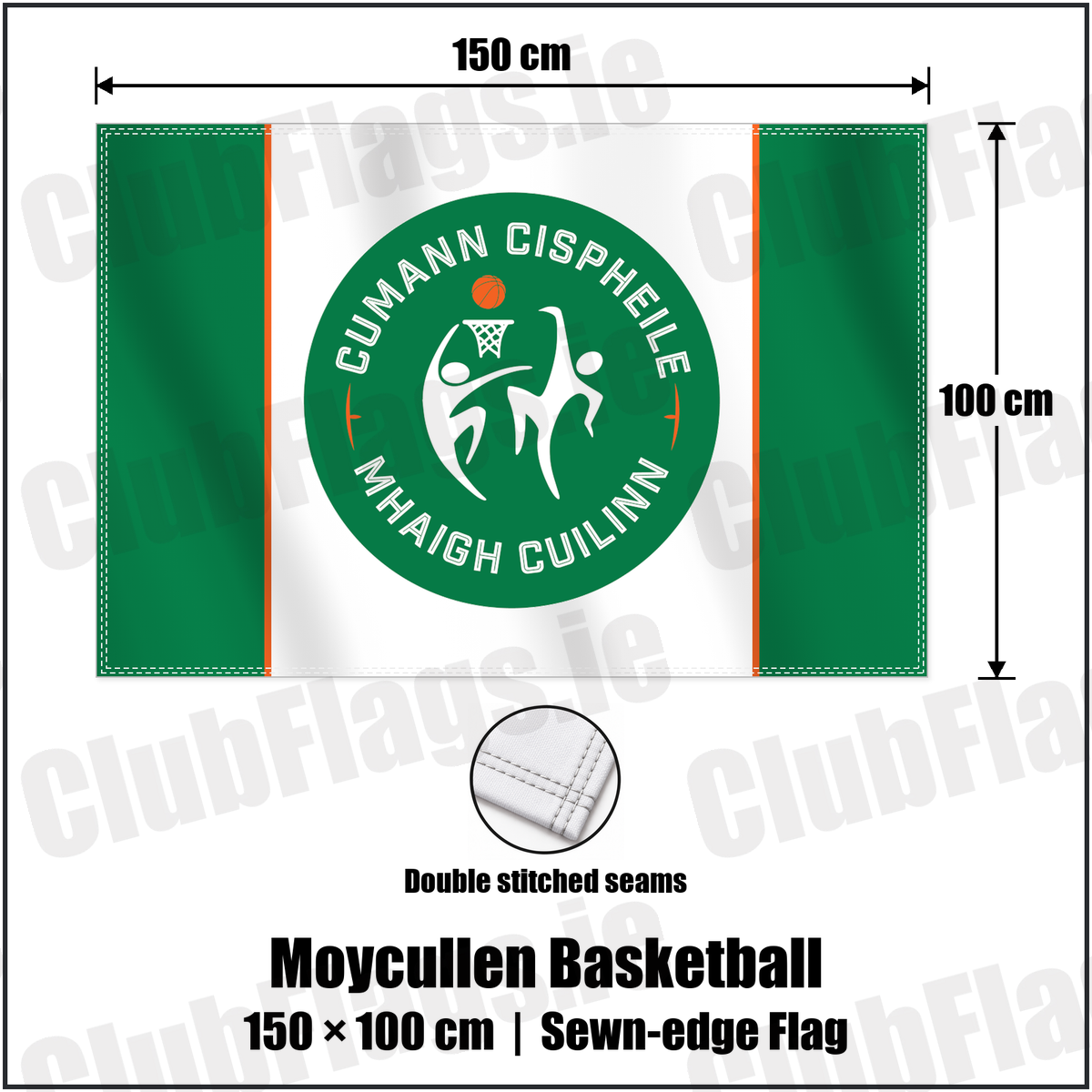 Moycullen Basketball 100cm x 150cm Flag (sewn on the edges) with the verified club crest and colours, Galway Basketball - ClubFlags.ie