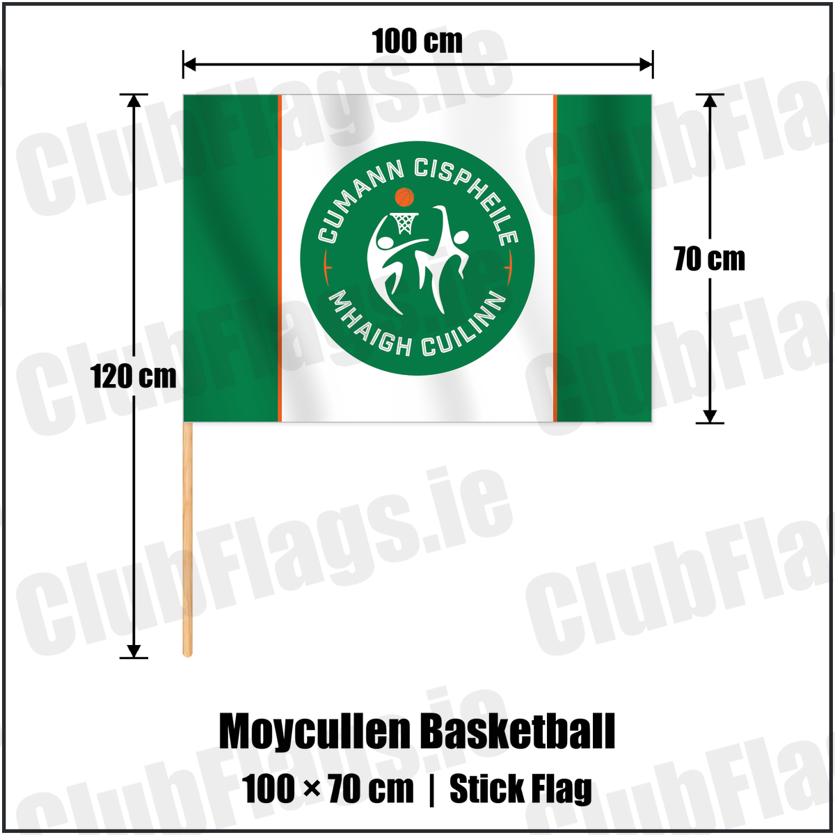 Moycullen Basketball 70cm x 100cm Stick Flag with the verified club crest and colours, Galway Basketball - ClubFlags.ie