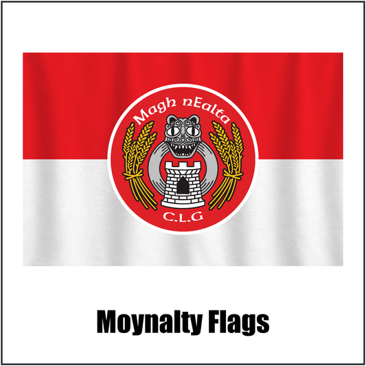 Moynalty Flags, featuring the club crest and red and white colours; County Meath GAA. ClubFlags.ie.