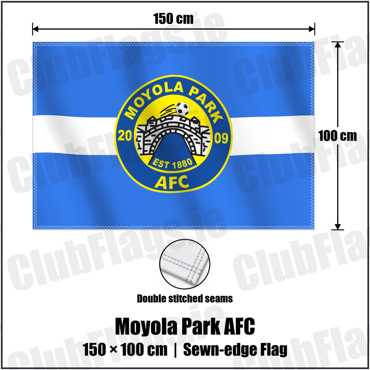 Moyola Park AFC 100cm x 150cm Flag (sewn on the edges) with the verified club crest and colours, Derry Football - ClubFlags.ie