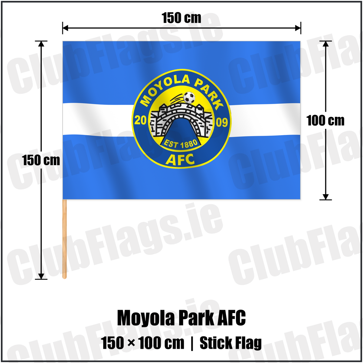 Moyola Park AFC 100cm x 150cm Stick Flag with the verified club crest and colours, Derry Football - ClubFlags.ie