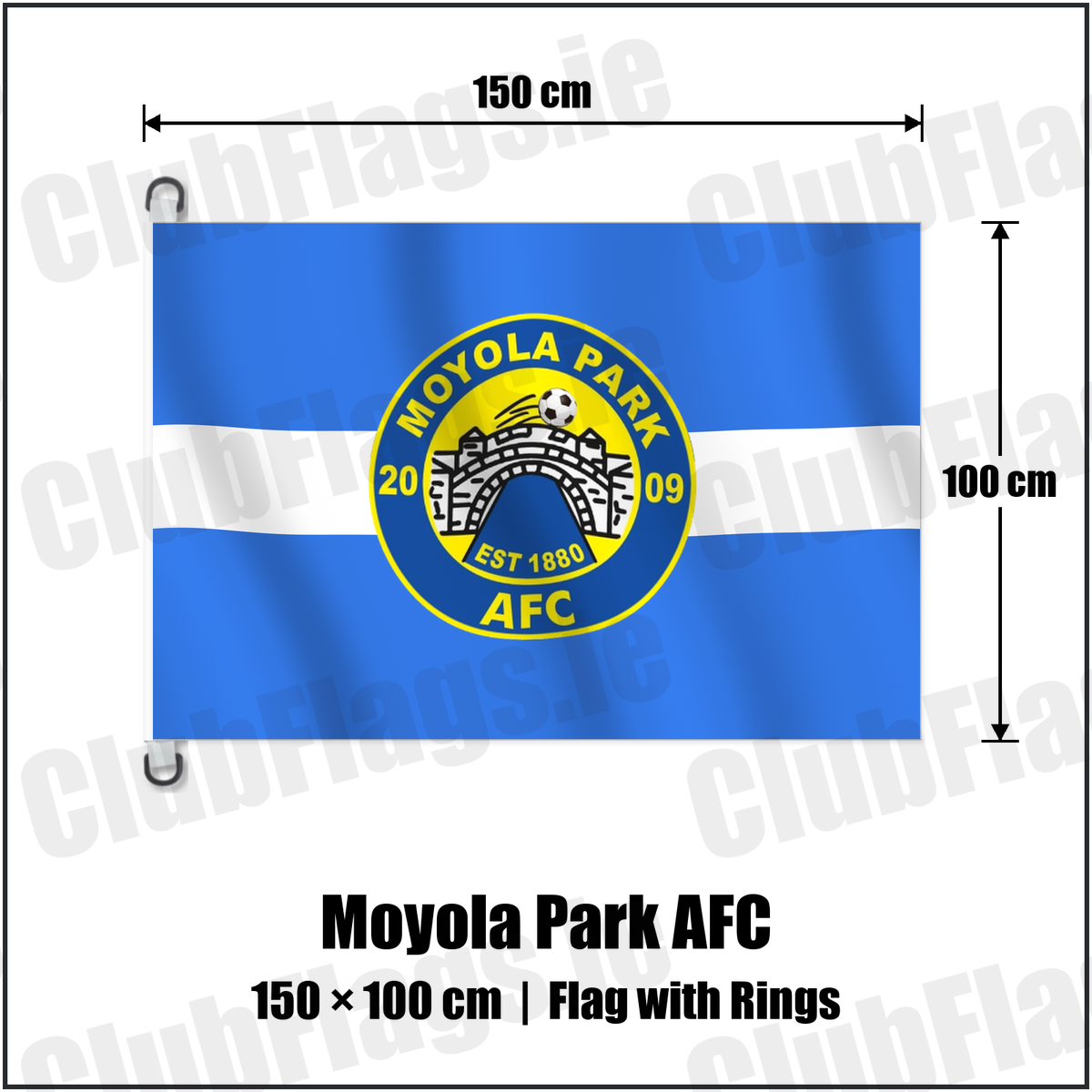 Moyola Park AFC 150cm x 100cm Flag Pole Flag with Rings with the verified club crest and colours, Derry Football - ClubFlags.ie