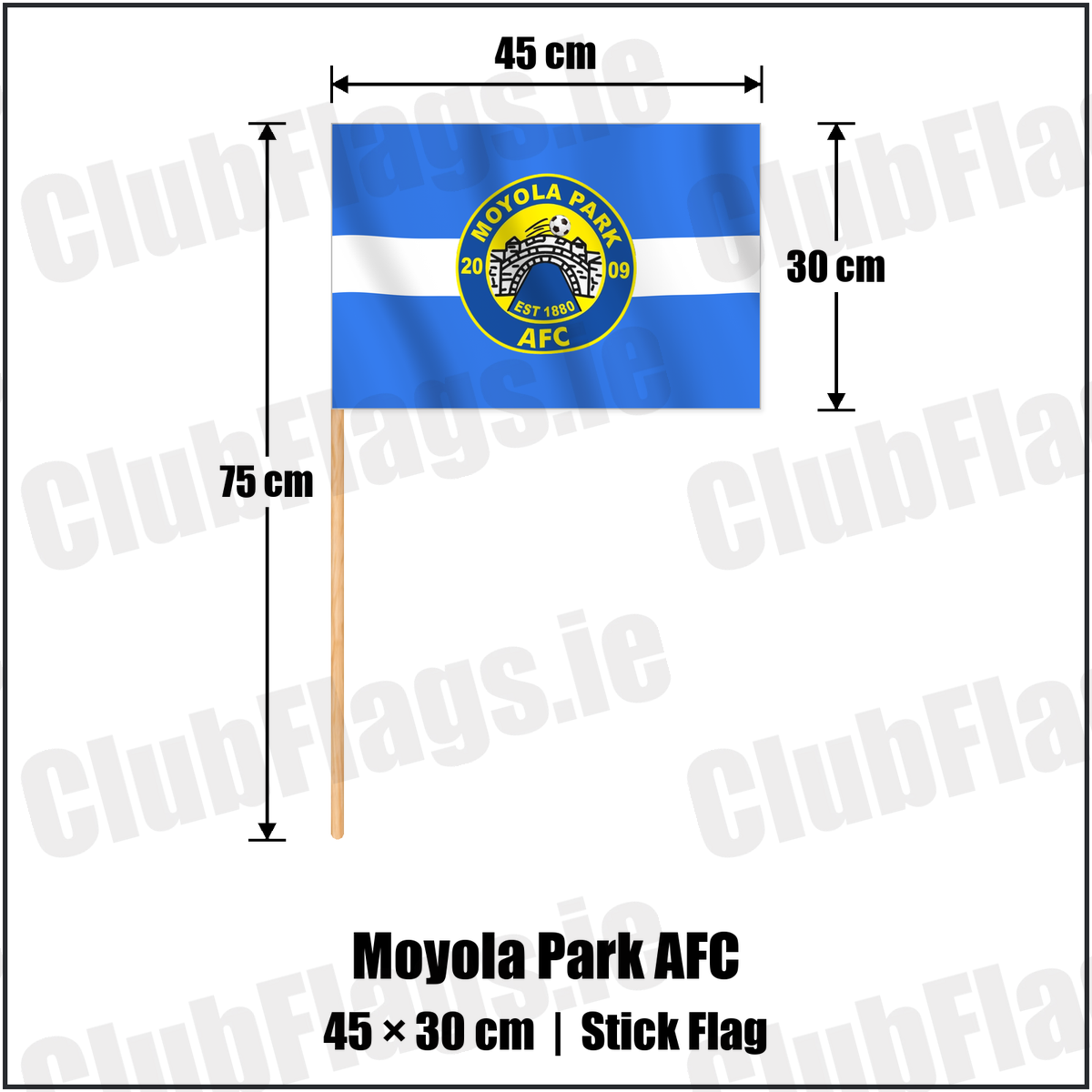 Moyola Park AFC 30cm x 45cm Stick Flag with the verified club crest and colours, Derry Football - ClubFlags.ie
