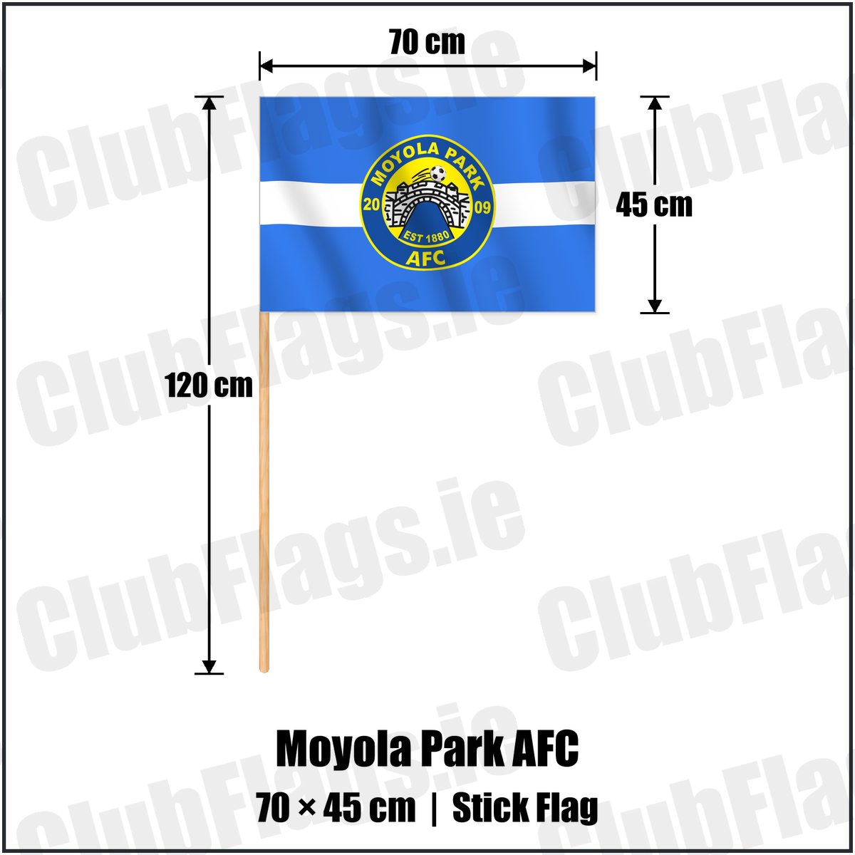 Moyola Park AFC 45cm x 70cm Stick Flag with the verified club crest and colours, Derry Football - ClubFlags.ie