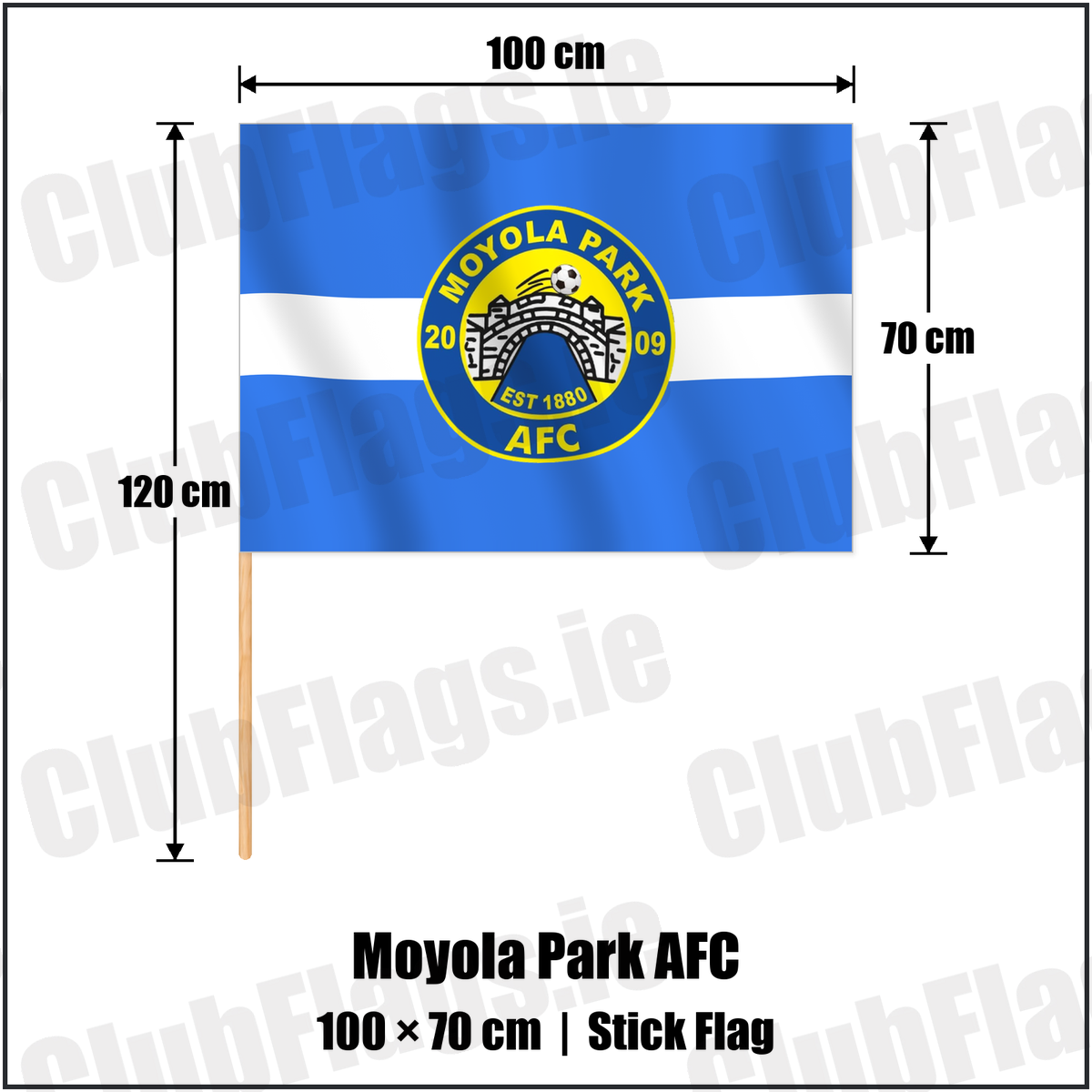 Moyola Park AFC 70cm x 100cm Stick Flag with the verified club crest and colours, Derry Football - ClubFlags.ie