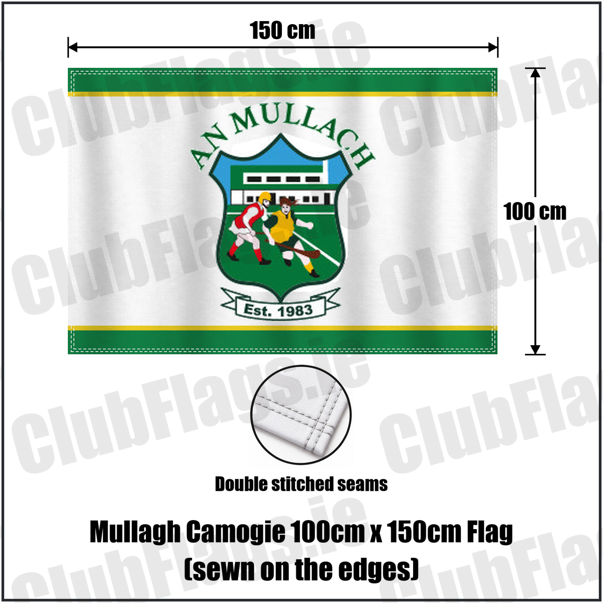 Mullagh Camogie 100cm x 150cm Flag (sewn on the edges), featuring the club crest and green and yellow colours; County Galway camogie. ClubFlags.ie.