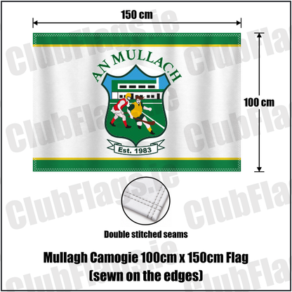 Mullagh Camogie 100cm x 150cm Flag (sewn on the edges), featuring the club crest and green and yellow colours; County Galway camogie. ClubFlags.ie.
