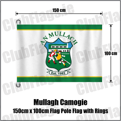 Mullagh Camogie 150cm x 100cm Flag Pole Flag with Rings, featuring the club crest and green and yellow colours; County Galway camogie. ClubFlags.ie.
