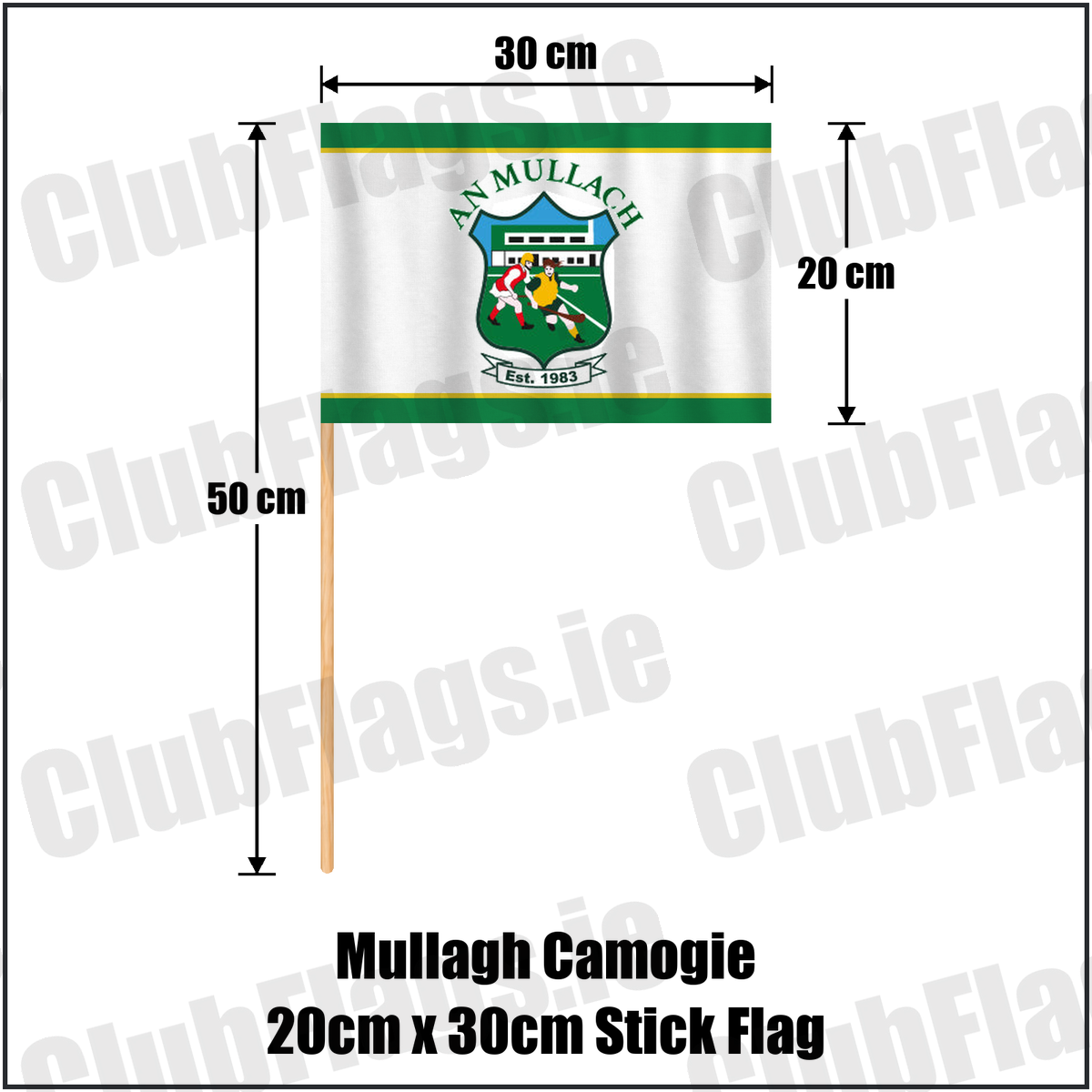 Mullagh Camogie 20cm x 30cm Stick Flag, featuring the club crest and green and yellow colours; County Galway camogie. ClubFlags.ie.