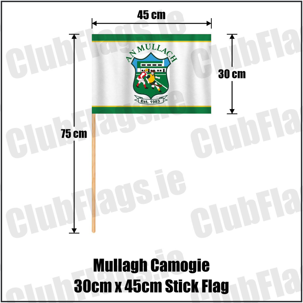 Mullagh Camogie 30cm x 45cm Stick Flag, featuring the club crest and green and yellow colours; County Galway camogie. ClubFlags.ie.
