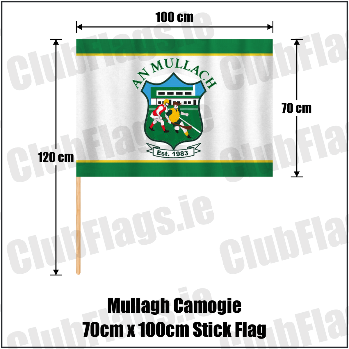 Mullagh Camogie 70cm x 100cm Stick Flag, featuring the club crest and green and yellow colours; County Galway camogie. ClubFlags.ie.