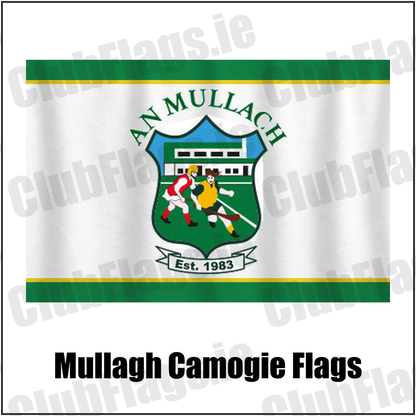 Mullagh Camogie Flags, featuring the club crest and green and yellow colours; County Galway camogie. ClubFlags.ie.