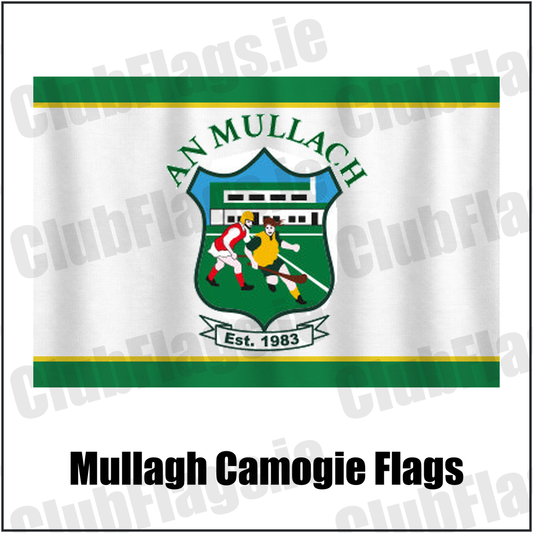 Mullagh Camogie Flags, featuring the club crest and green and yellow colours; County Galway camogie. ClubFlags.ie.