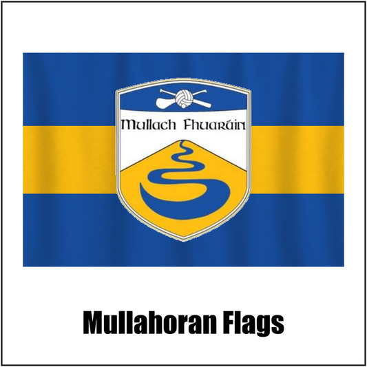 Mullahoran Flags, featuring the club crest and royal blue and amber colours; County Cavan GAA. ClubFlags.ie.